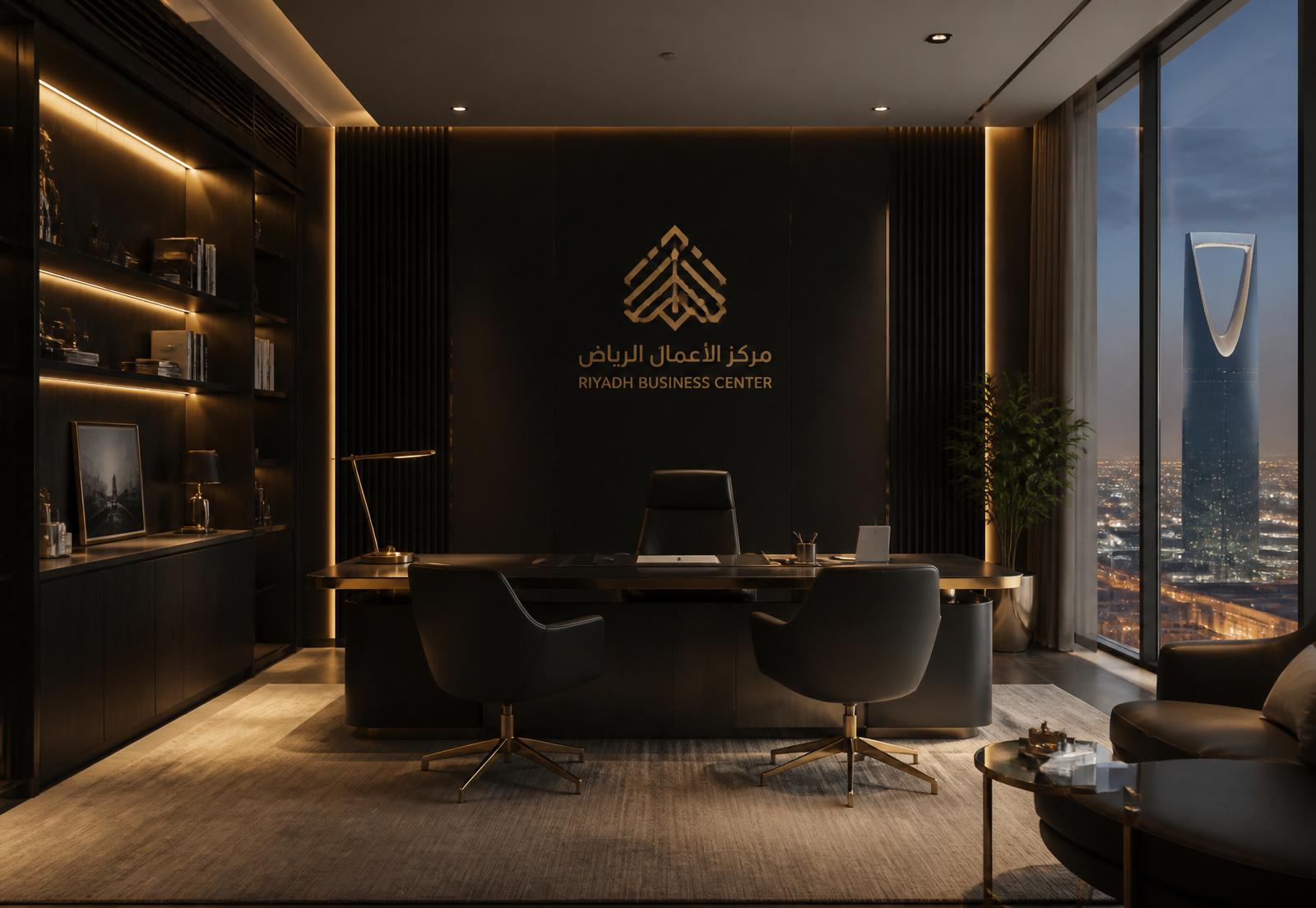 Luxurious private office at DFS Riyadh with brass accents and city skyline view